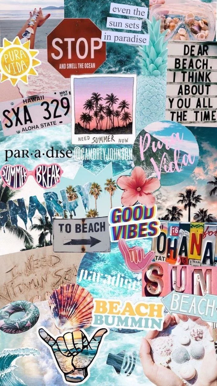 summer inspired, photo collage, aesthetic iphone wallpaper, quotes about the beach
