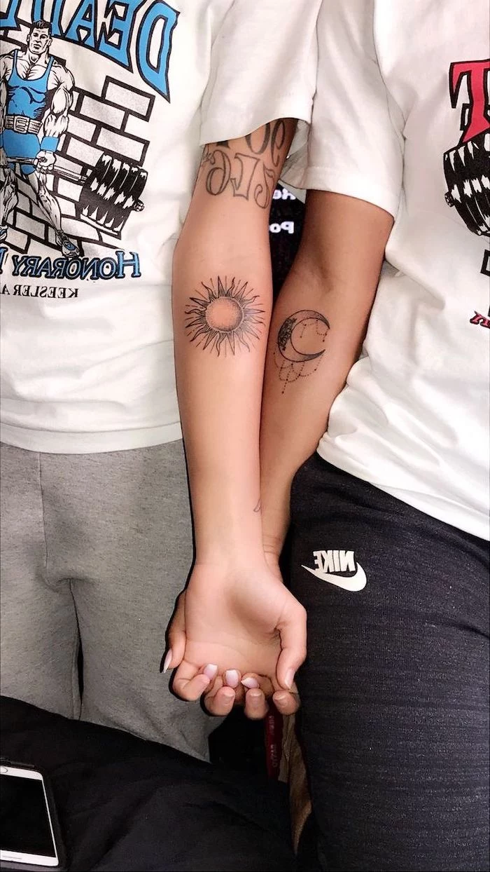sun and moon, forearm tattoos, white shirts and sweatpants, couple tattoos small