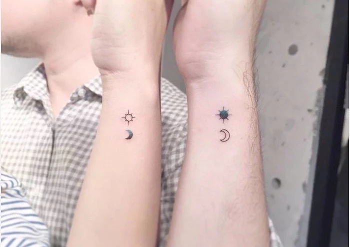 sun and moon, his and hers matching tattoos, wrist tattoos, grey plaid shirt