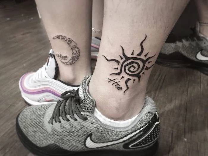 married couple tattoos, sun and moon, ankle tattoos, nike sneakers, wooden floor