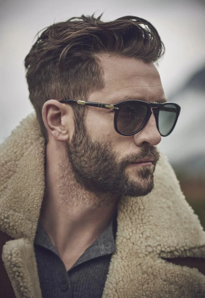 man wearing sunglasses, wearing a coat, cool haircuts for boys, brown hair