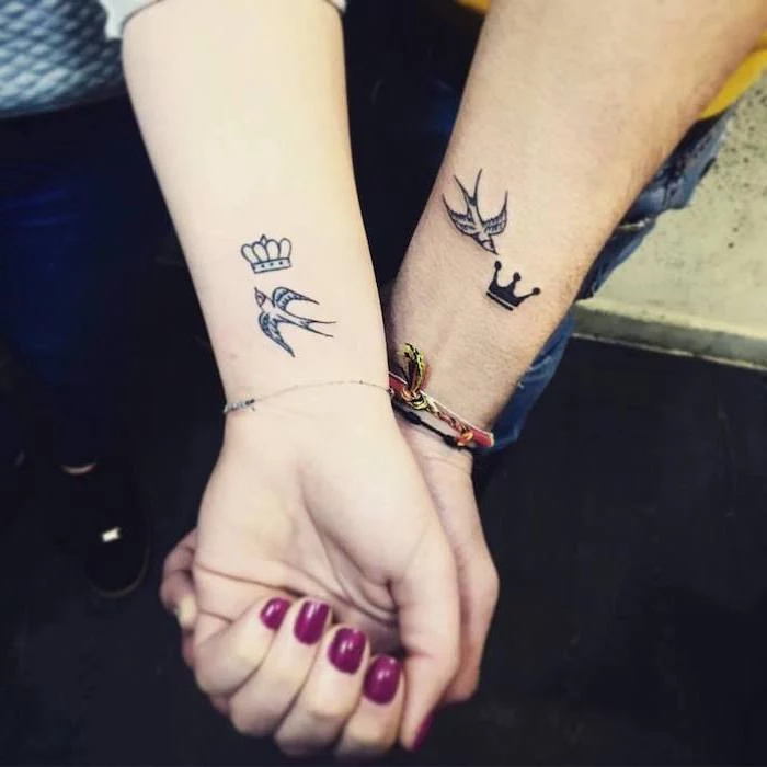 swallow flying, king and queen crowns, wrist tattoos, married couple tattoos