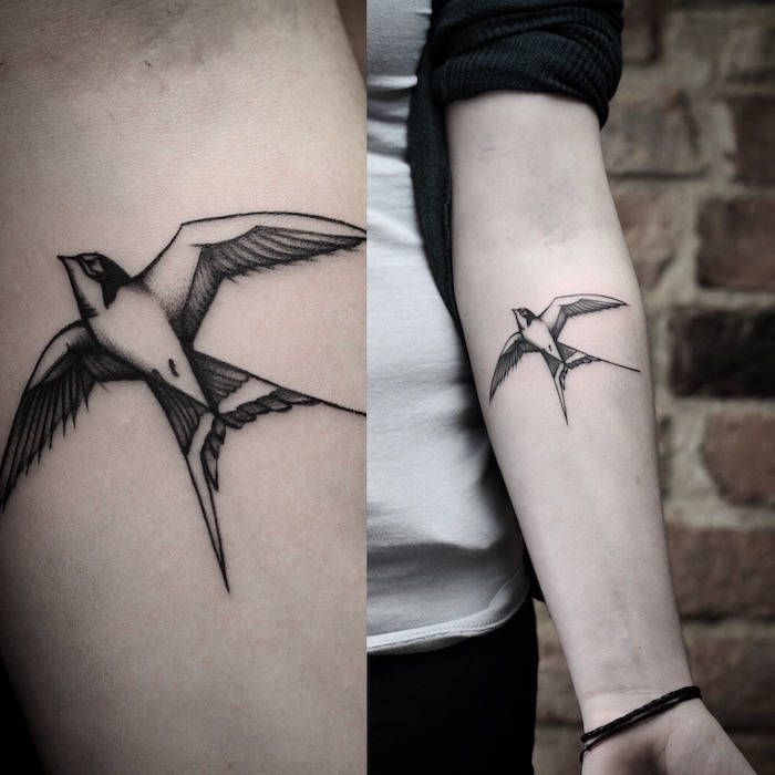 flying swallow, brick wall, side by side photos, inner forearm tattoos, white shirt