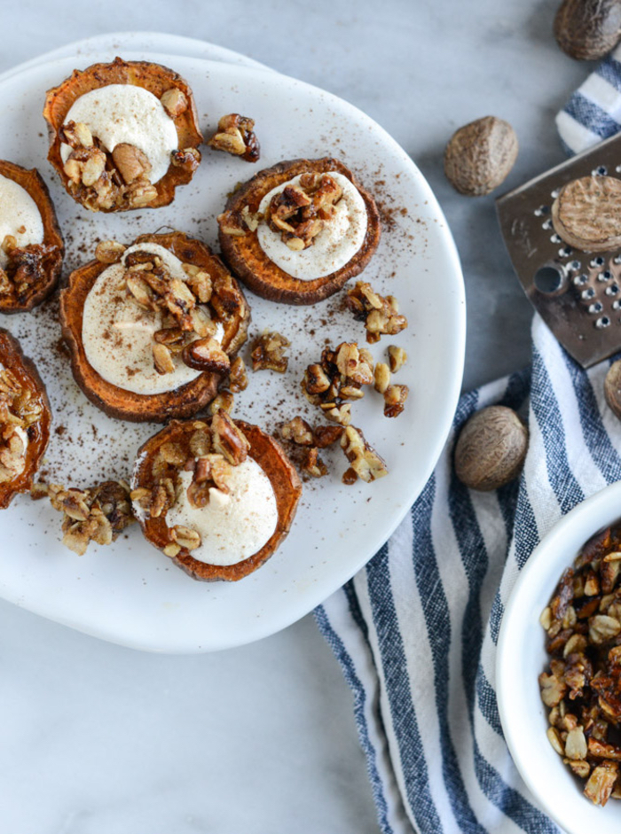 sweet potatoes, with cream cheese and nuts, vegetarian super bowl recipes, in a white plate