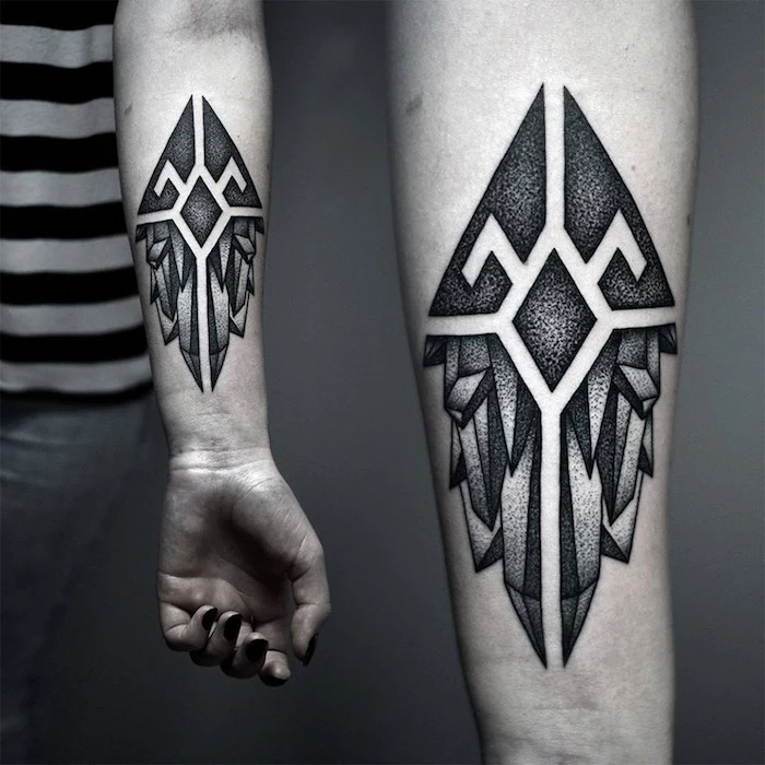 geometrical tattoo, small tattoo ideas for men, side by side photos, grey background