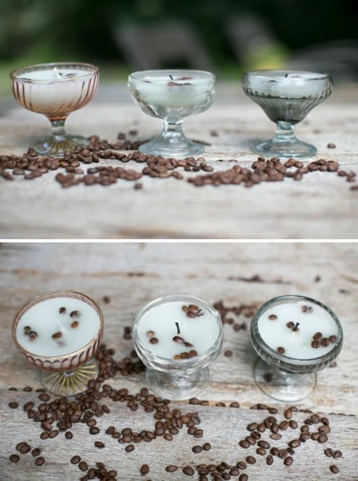 how to make candles, three whiskey glasses, filled with candle wax, mixed with coffee beans, scattered around