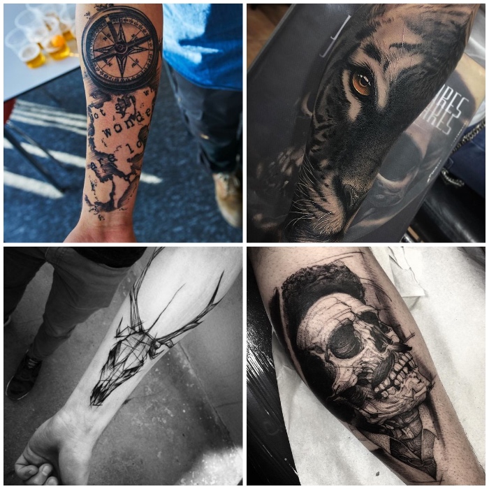 side by side photos, forearm tattoos, small tattoo ideas for men, compass and skull, animal tattoos