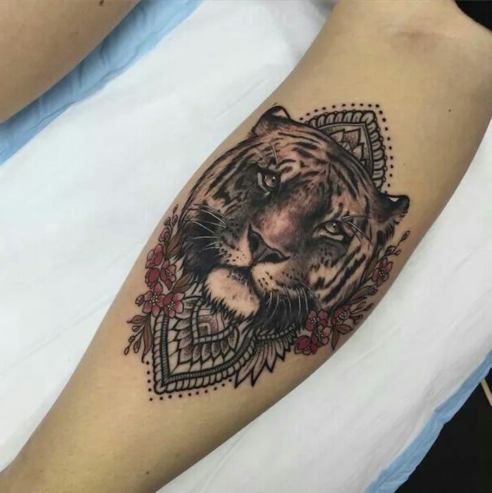 tiger head, mandala forearm tattoo, meaningful tattoo ideas, white paper
