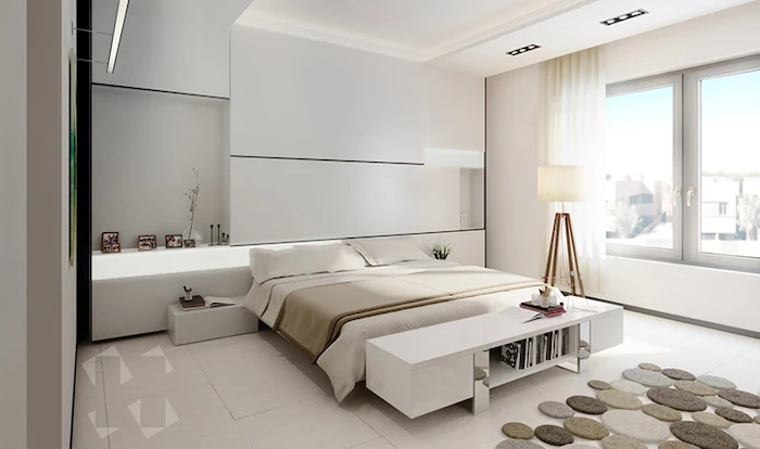 pinterest bedroom, tiled floor, white walls, led lights, white shelves and night stand
