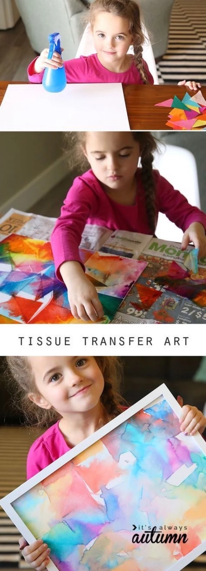 tissue transfer art, preschool classroom games, girl painting, in a white frame, step by step, diy tutorial