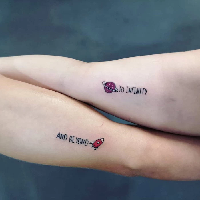 to infinity and beyond, disney inspired, couple tattoos small, inside arm tattoos