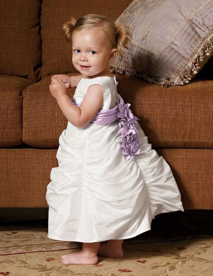 blonde hair, in two ponytails, toddler girl, white dress, purple ribbon, white dresses for girls