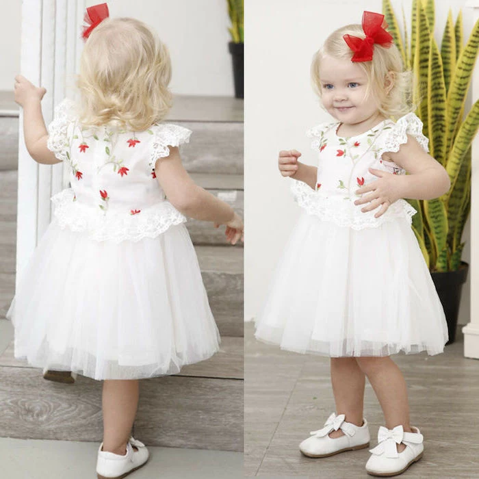 white tulle bottom, red flowers top, red hair bow, white dresses for girls, white shoes, wooden floor