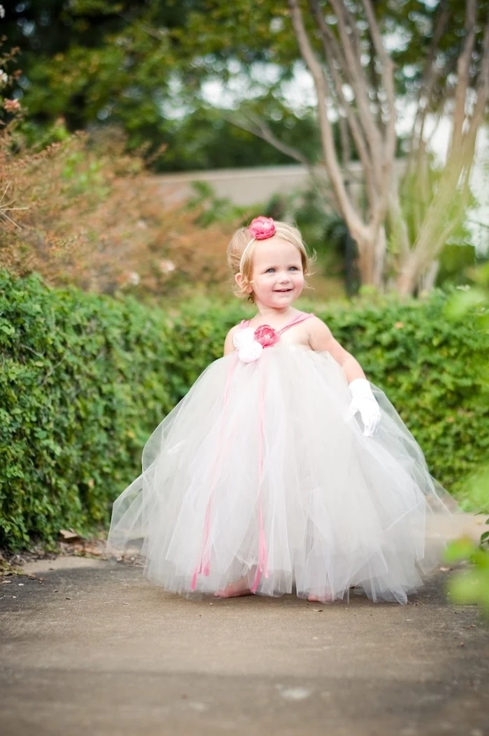 toddler girl, little girl dresses, white tulle dress, pink roses, white satin gloves, pink hair accessory