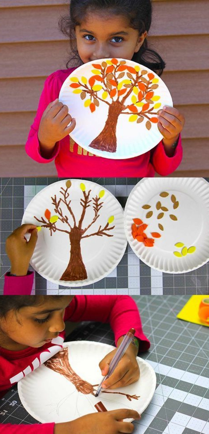little girl holding up a paper plate, tree drawn on it, small group activities for preschoolers