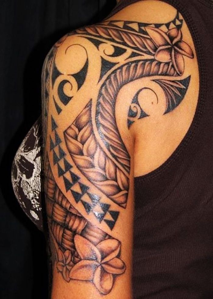 tribal shoulder tattoo, black top, black background, small arm tattoos