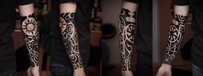 side by side photos, tribal forearm sleeve, small tattoos for guys
