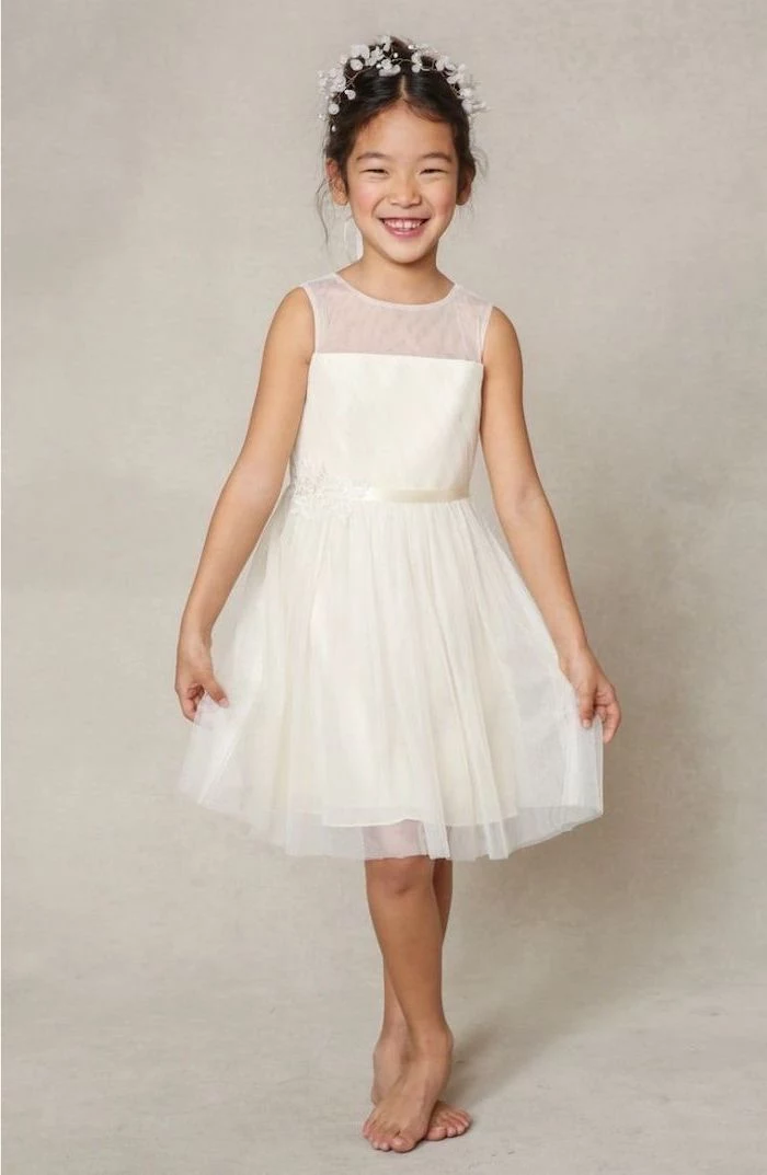 white tulle dress, baby's breath flower crown, white dresses for girls, white background