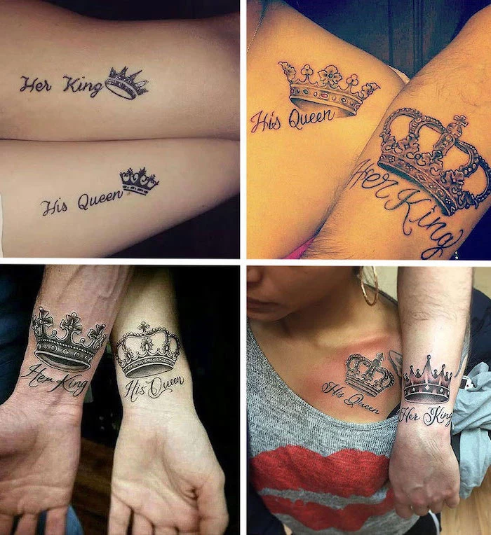 side by side photos, his queen, her king, married couple tattoos, large crowns
