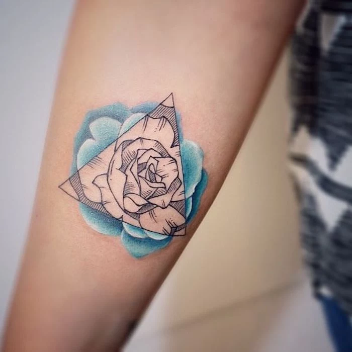 small arm tattoos, geometrical rose, blue watercolour, white background