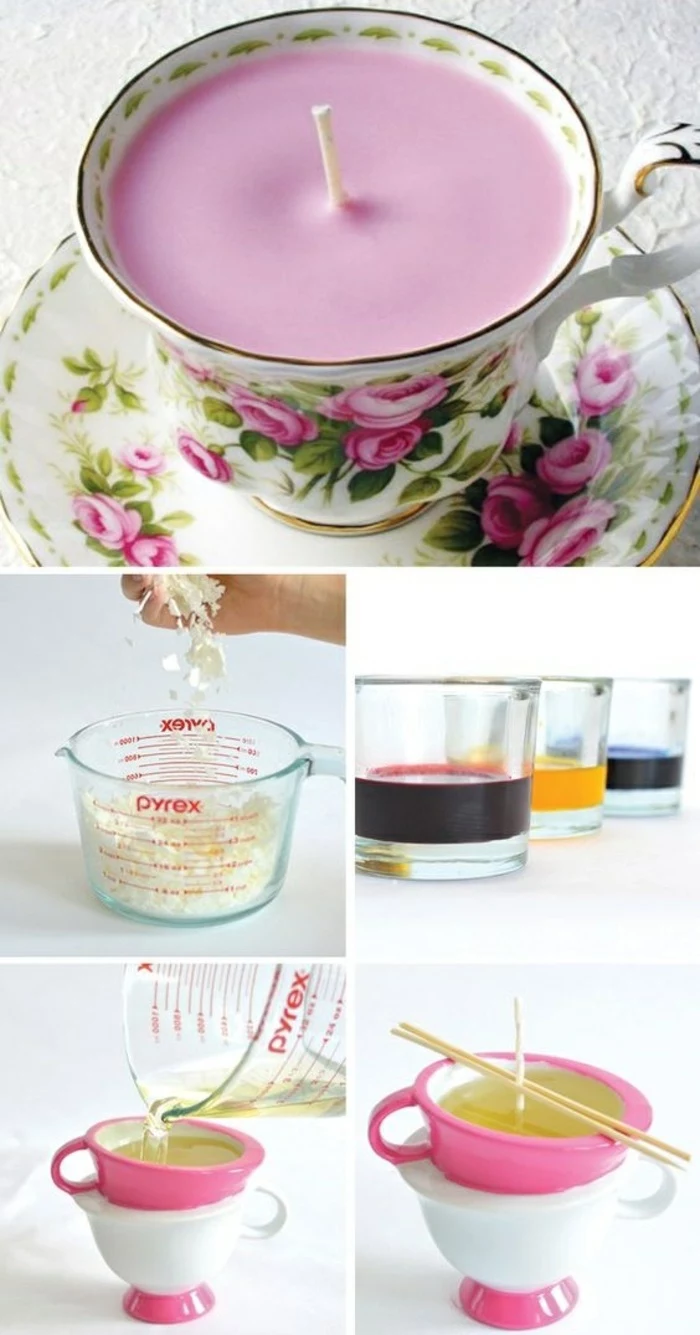 vintage teacup candles, step by step, diy tutorial, mason jar candles, different colours wax
