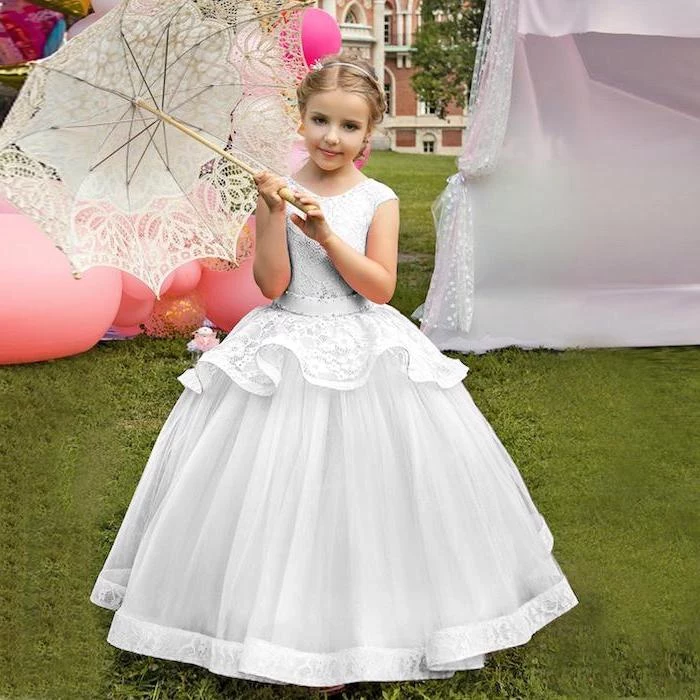 vintage white lace umbrella, toddler flower girl dresses, white lace and tulle dress, blonde hair, low updo