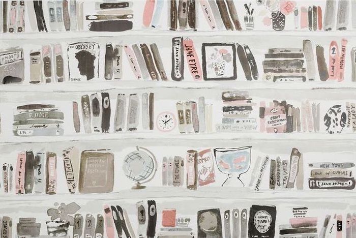 watercolour-drawing-shelves-books-pink-background-tumblr-frames-glove-fish-aquarium rose wallpaper phone, shelves full of books, frames and globes, watercolour drawing