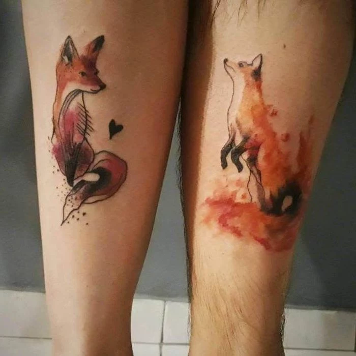 watercolour foxes, back of leg tattoos, boyfriend and girlfriend matching tattoos, tiled floor