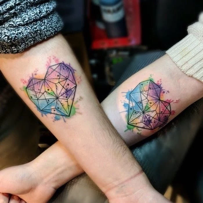 boyfriend and girlfriend matching tattoos, watercolour forearm tattoo, geometric hearts