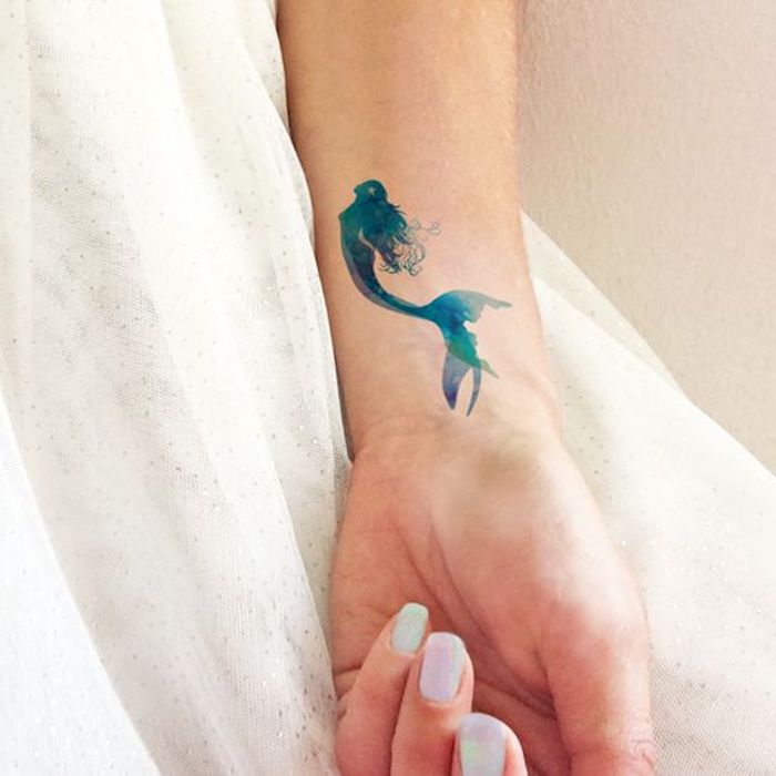 watercolour mermaid, wrist tattoo, small arm tattoos, white dress