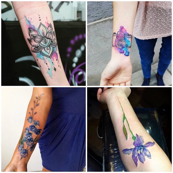 side by side photos, watercolour forearm tattoos, small tattoos for men