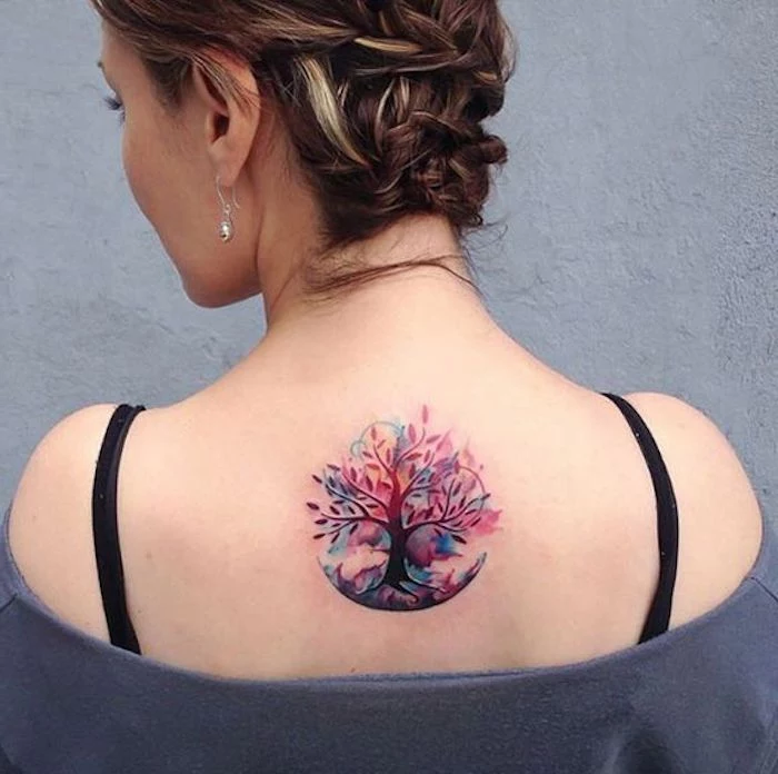 grey blouse, watercolour tree, back tattoo, what tattoo should i get, brown braided hair
