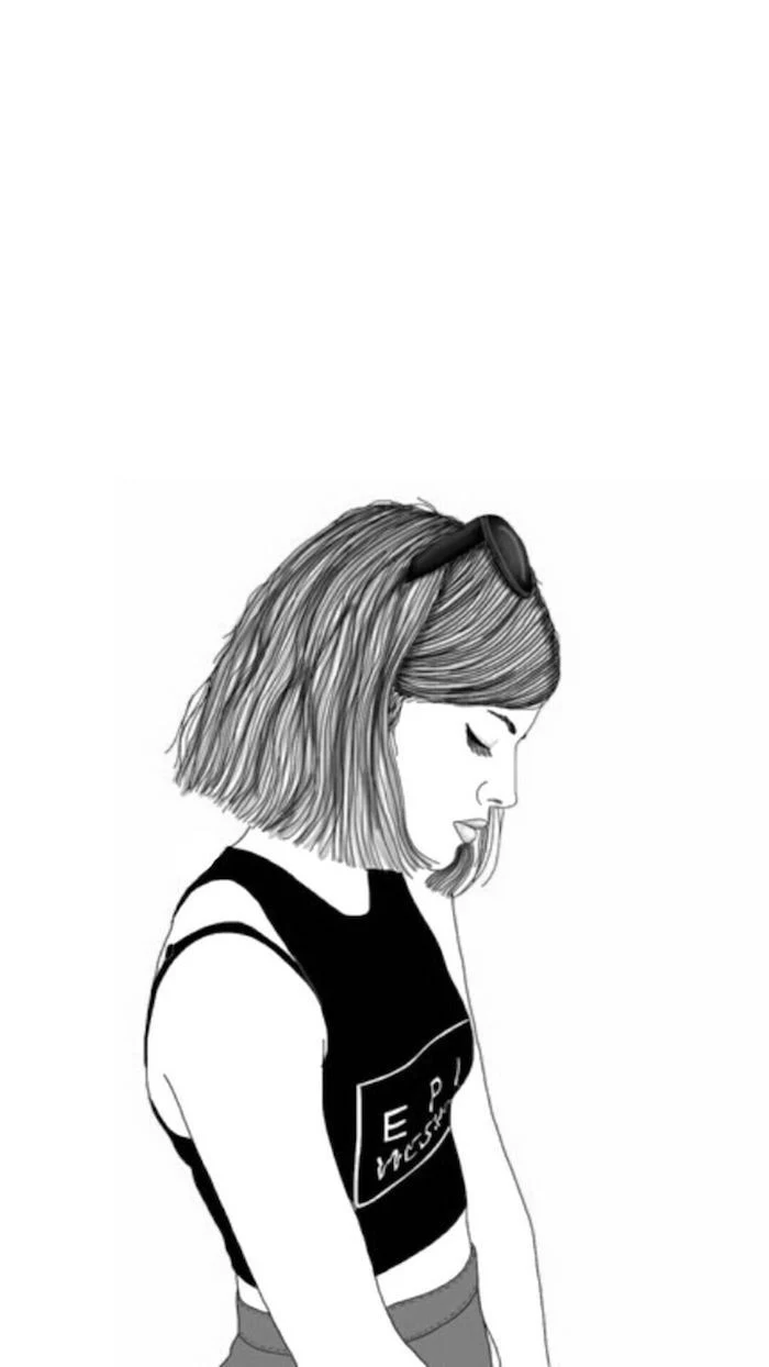 girl drawing, girl wallpapers for iphone, black and white sketch, black top, white background