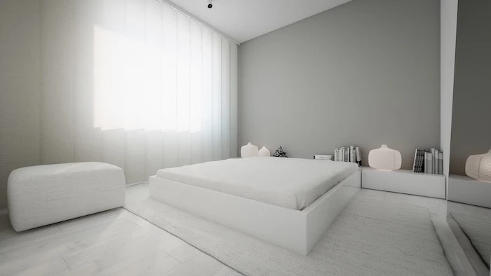 white ottoman, minimalist style, grey wall, white curtains, pinterest bedroom, white bed frame and shelves