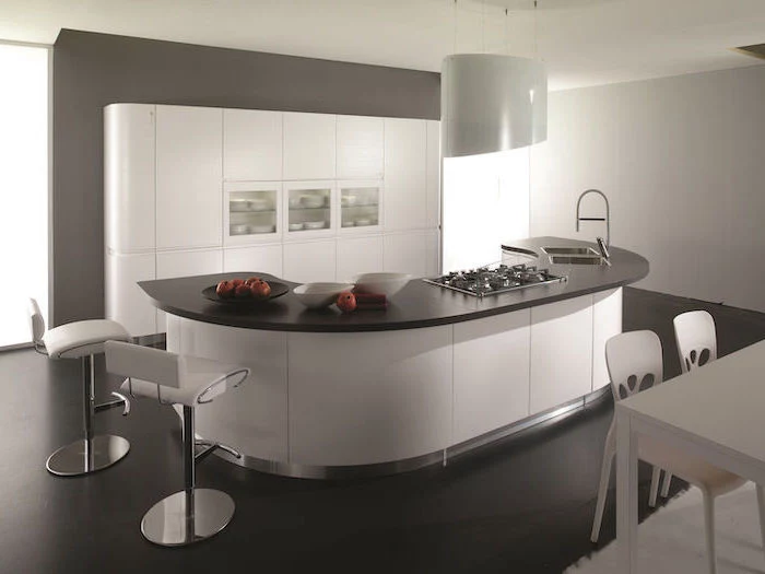 curved kitchen island, white leather bar stools, kitchen island with seating for 4, grey and white cabinets
