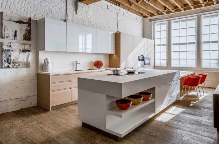 wooden floor, how to make a kitchen island, white brick wall, red chairs, wooden cabinets