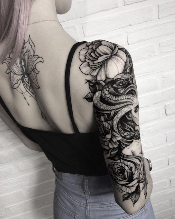 medusa head, with flowers, shoulder sleeve tattoo, what tattoo should i get, white brick wall