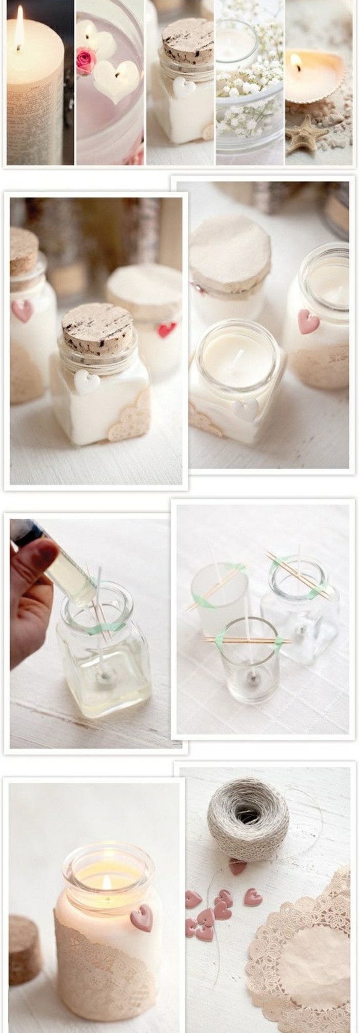 mason jars, filled with candle wax, make your own candles, decorated with hearts, baby's breath