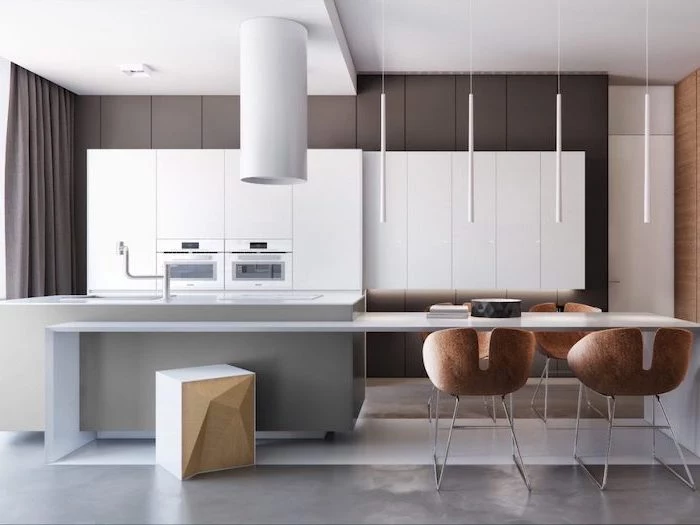 wooden chairs, grey walls, white cabinets, kitchen island with seating for 4, granite floor