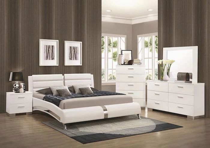 brown walls, white leather bed frame, pinterest bedroom, white drawers and night stand, wooden floor