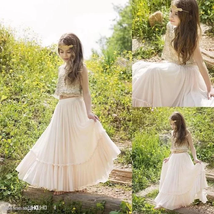 long brown hair, lace top, ivory skirt, boho style, toddler flower girl dresses, green grass field