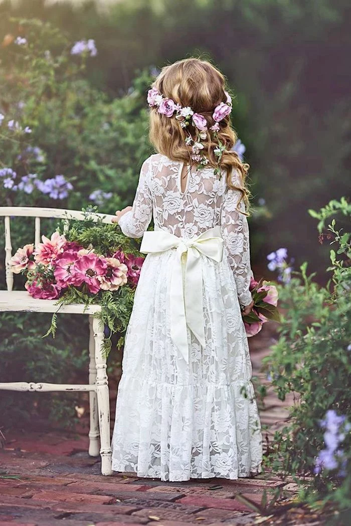 flower crown, vintage white lace dress, with a white bow, flower girl shoes, wooden bench, flower bouquets