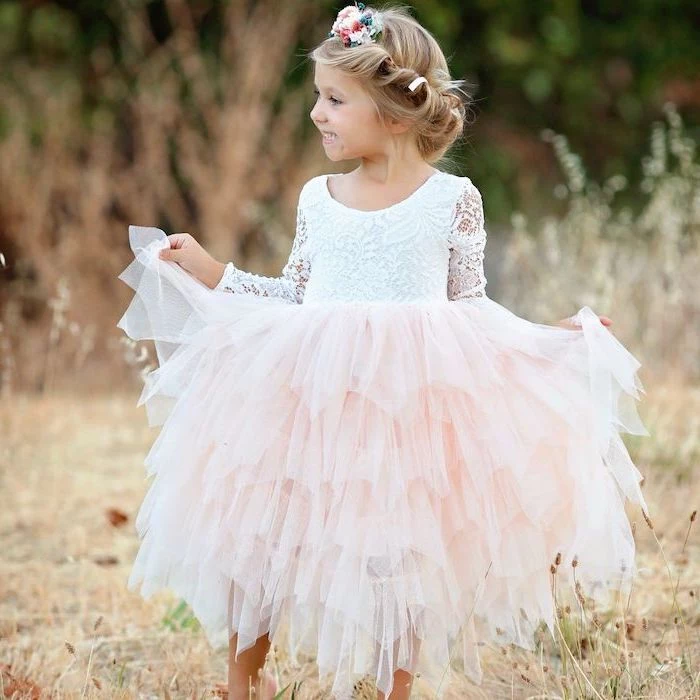 white lace top, pink tulle bottom, flower crown, flower girl shoes, blonde hair, low updo