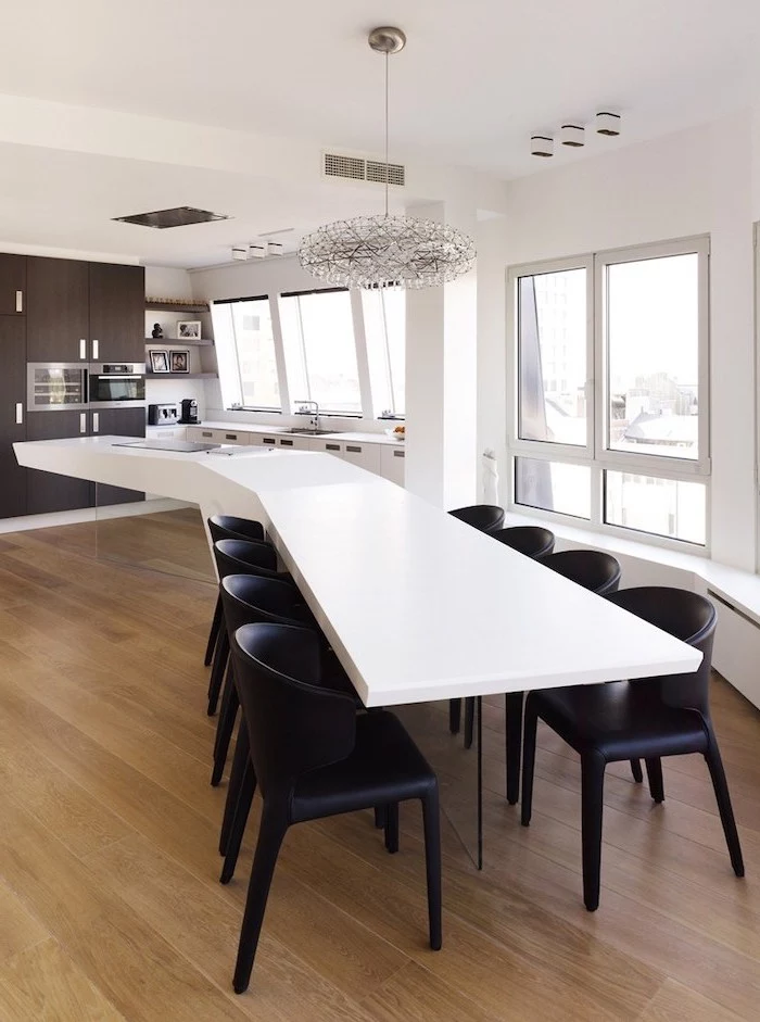 black leather chairs, white floating kitchen island, wooden floor, how to make a kitchen island