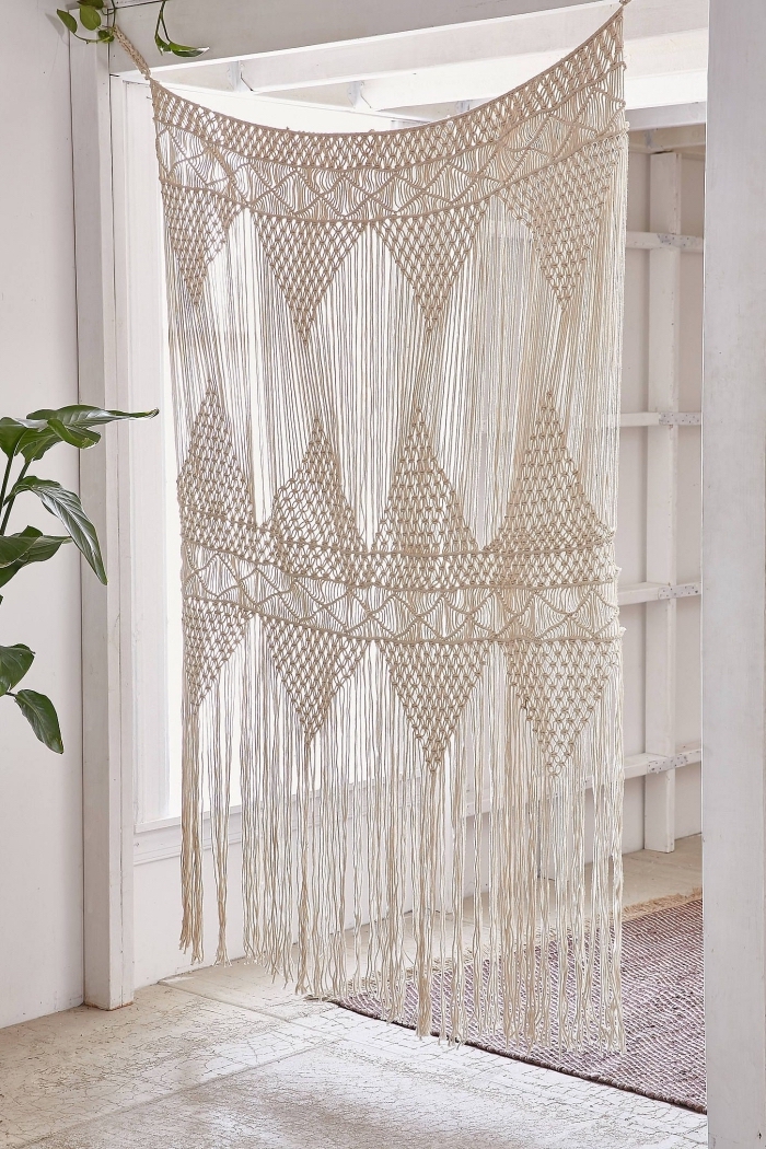 macrame room divider, white walls, macrame wall hanging patterns free, tiled floor