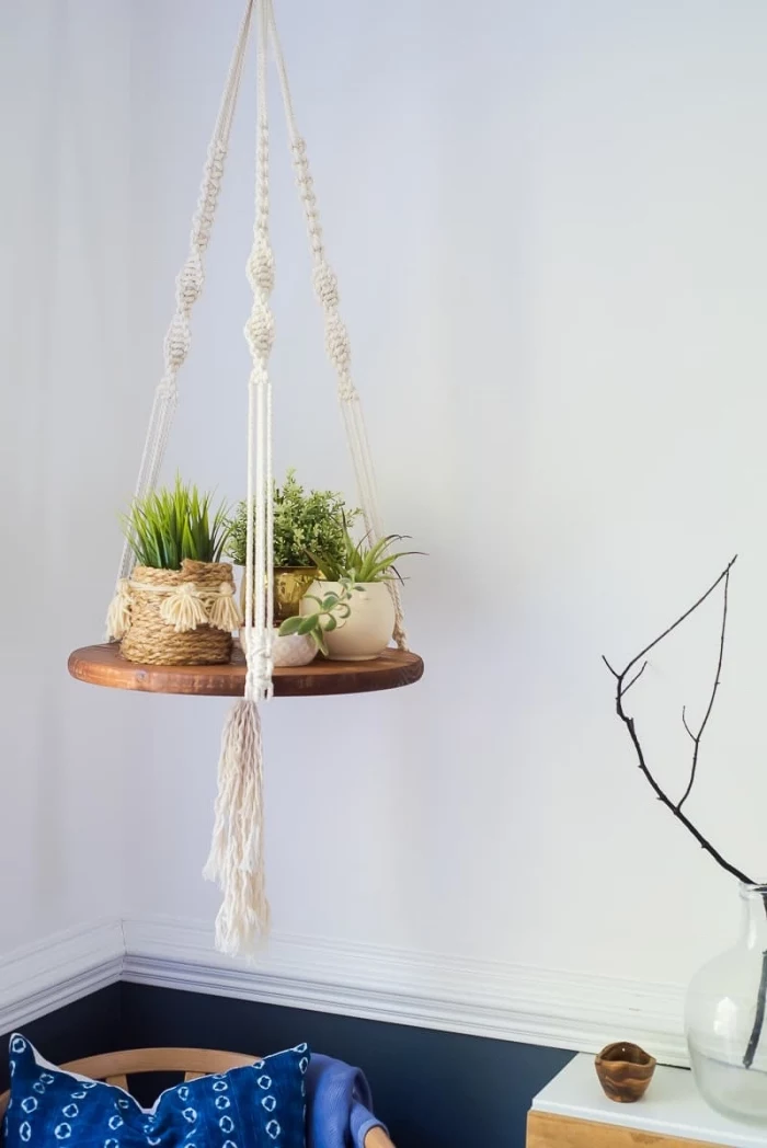 potted plants, macrame wall hanging patterns free, white wall, plant hanger