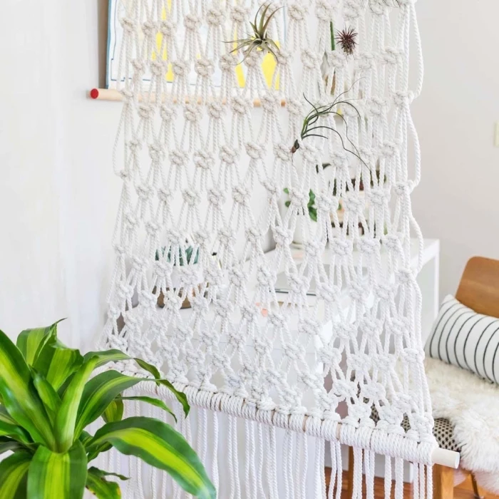 macrame room divider, white walls, macrame wall hanging patterns free, potted plant