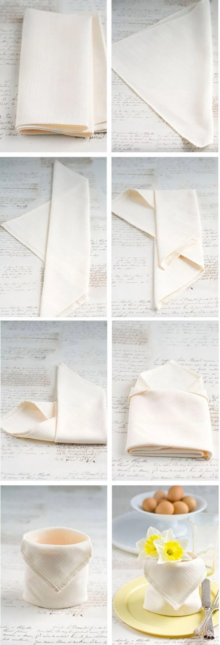 how to fold napkins with rings, white napkin, cup shaped, yellow flower inside, diy tutorial, step by step