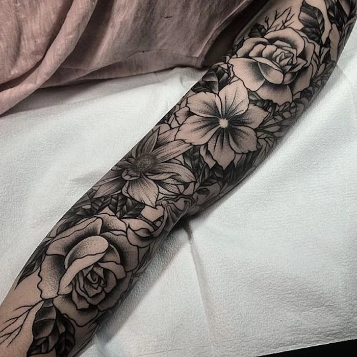 floral arm sleeve tattoo, female tattoos gallery, white paper
