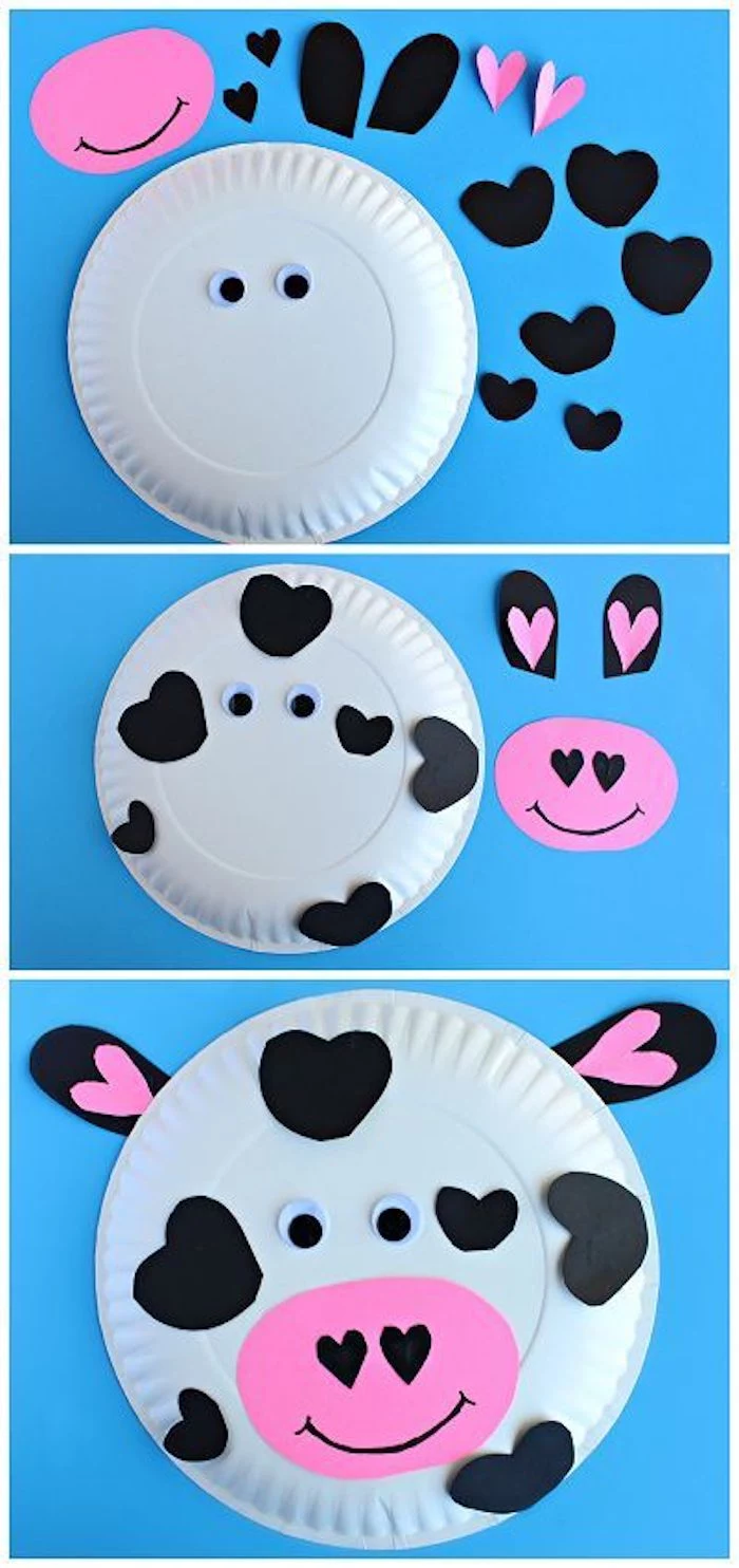 paper plate, turned into a cow, small group activities for preschoolers, black paper hearts, googly eyes